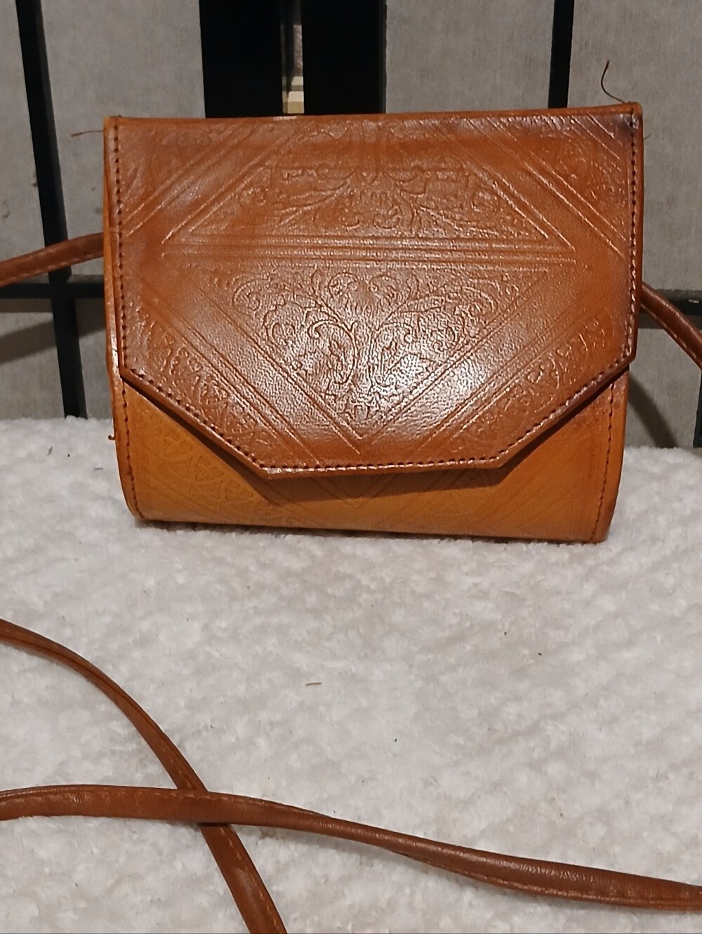 Vintage Embossed Tan Leather Crossbody Bag